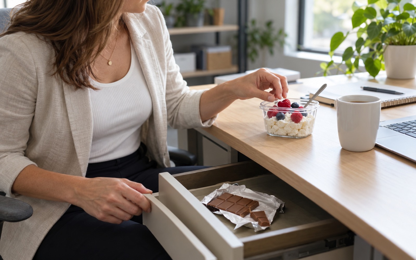 A woman at her office desk reaches for a container of cottage cheese and berries instead of an open chocolate bar in the drawer