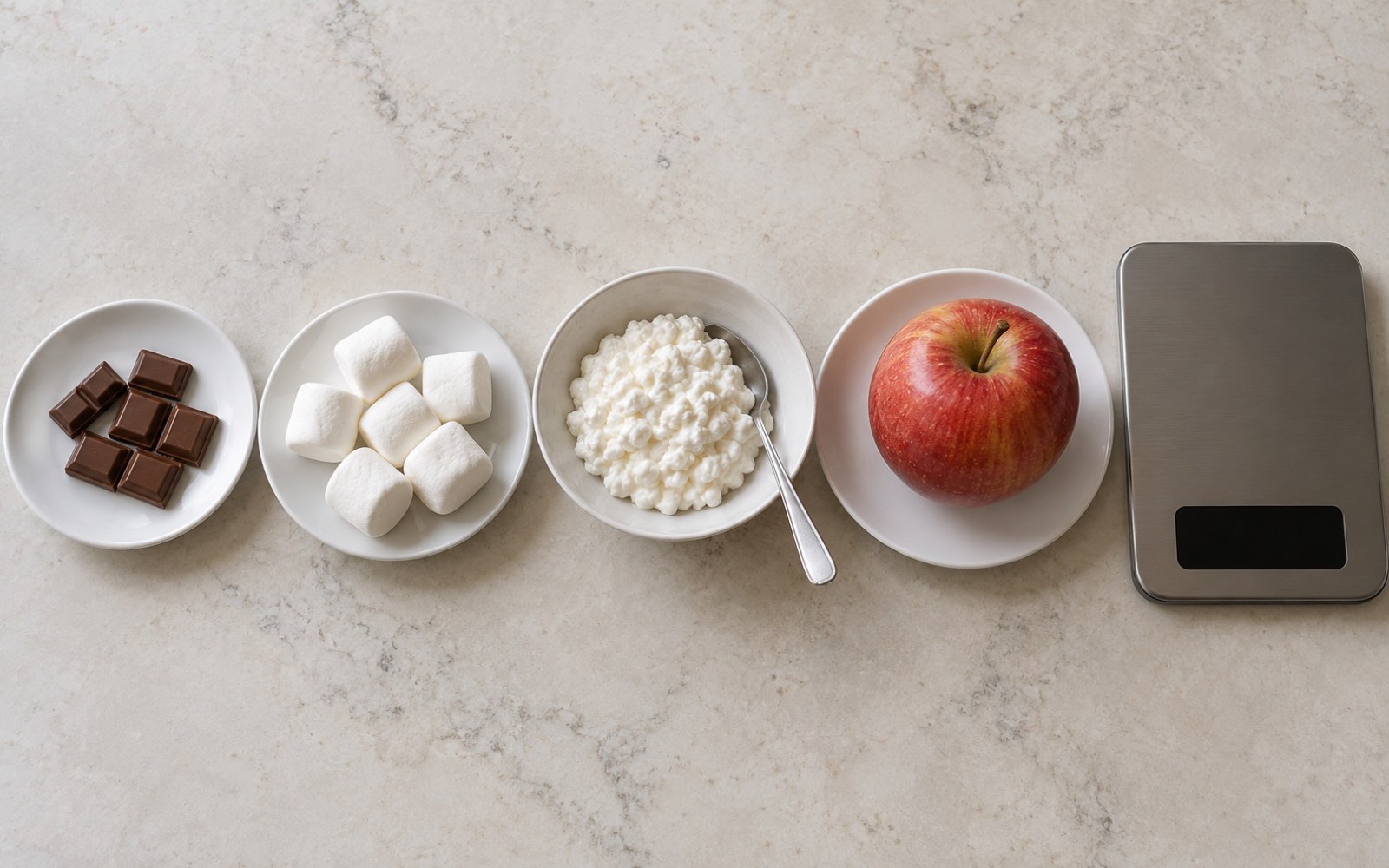 Four plates on a kitchen counter with different sweets — all portions equal 150 calories but look very different in size