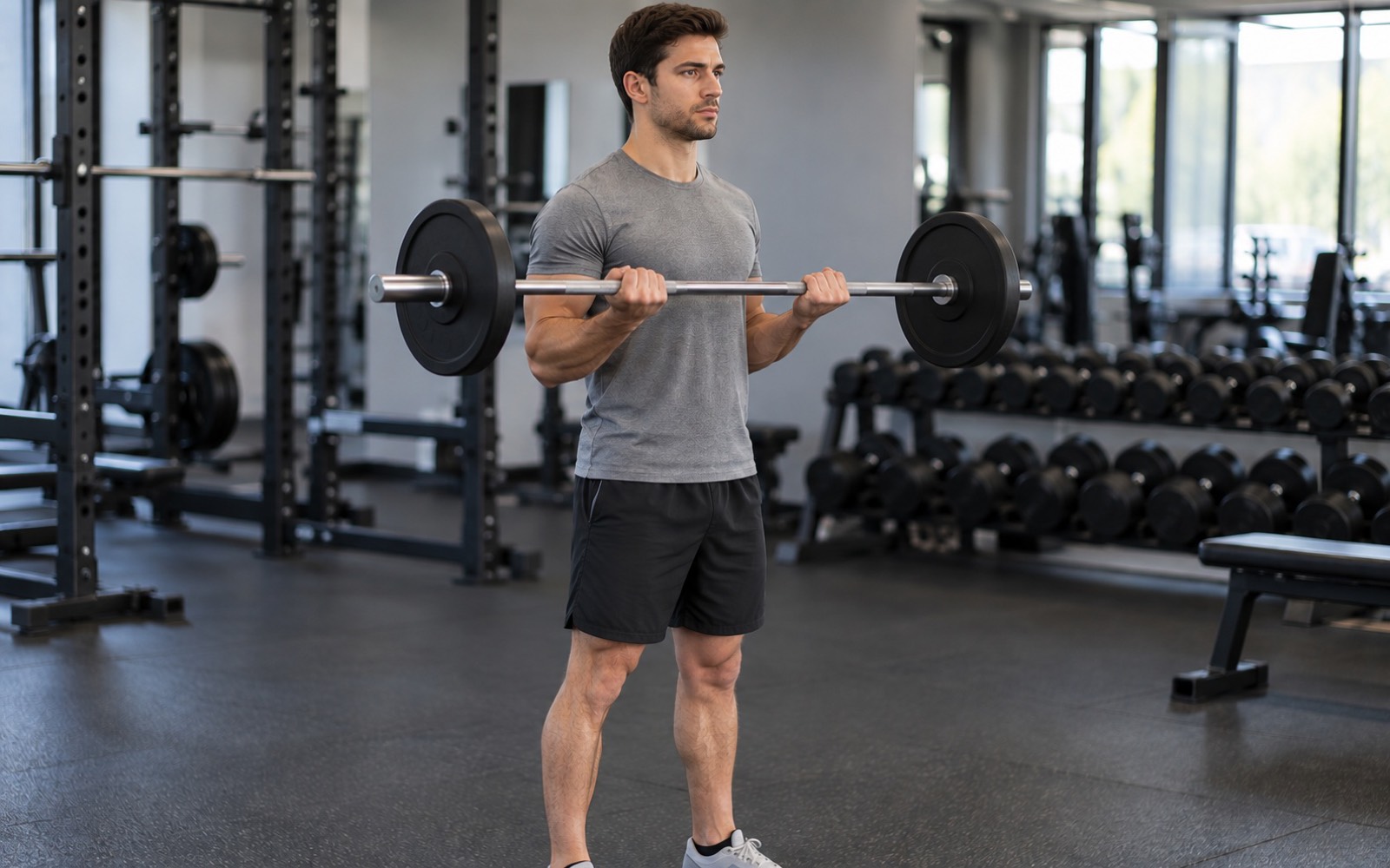 A man performing a standing barbell curl, three-quarter view: elbows at the ribs, forearms just above horizontal.