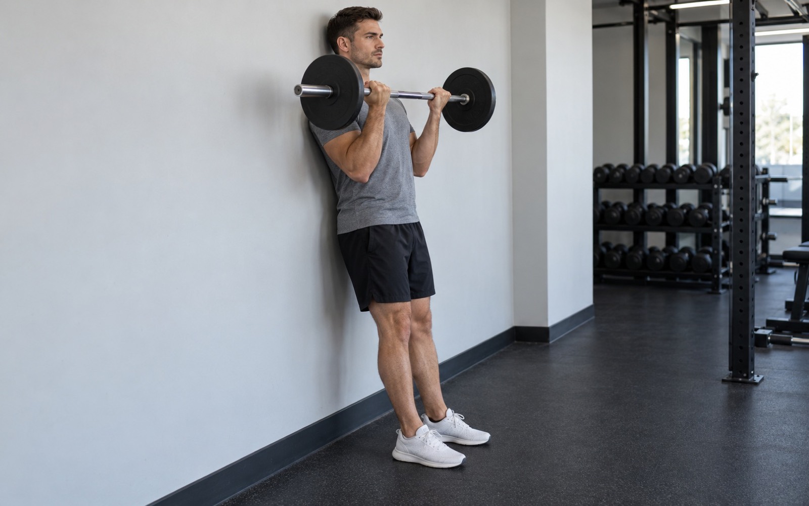 A man against a wall performing a strict bicep curl, top position, three-quarter view: heels a step away from the wall.