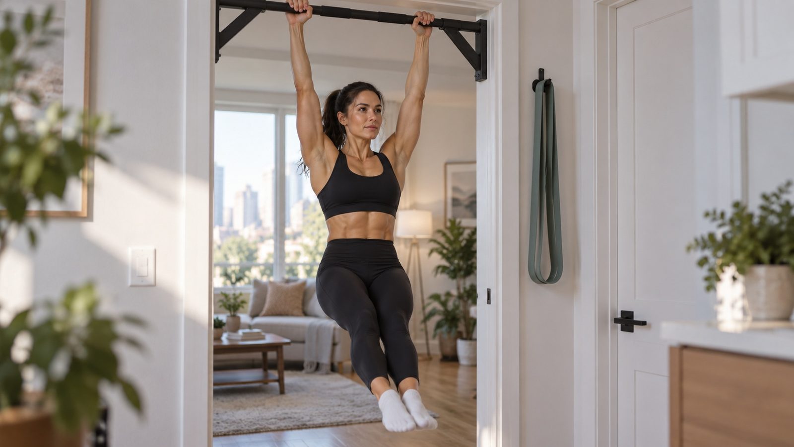 A woman hanging from a doorway pull-up bar at home, with a loop resistance band on a hook beside her