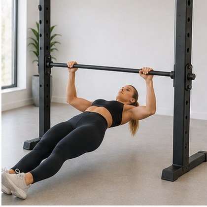 A woman doing inverted rows under a bar, heels on the floor, chest pulling toward the bar