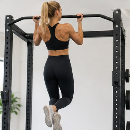 A woman doing a chin-up, seen from behind, chin level with the bar