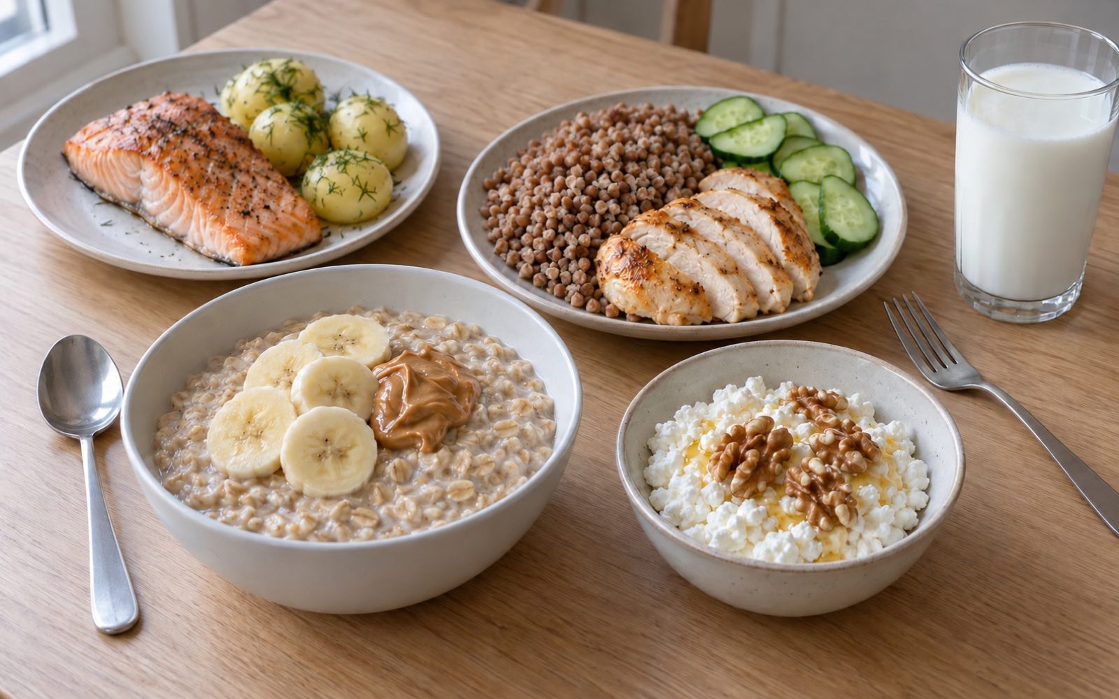 Ordinary food for one day of muscle gain: oatmeal with banana and peanut butter, farmer's cheese with walnuts and honey, buckwheat with chicken and cucumber, baked salmon with potatoes and a glass of kefir