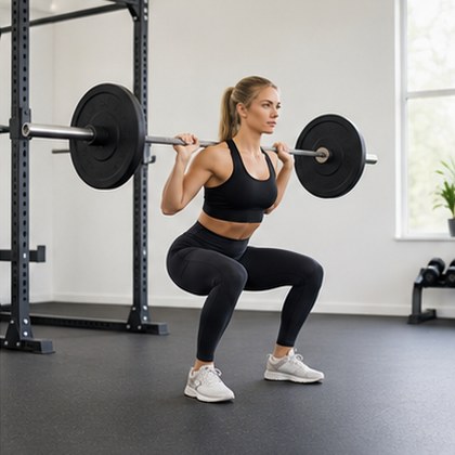 A woman doing a barbell back squat