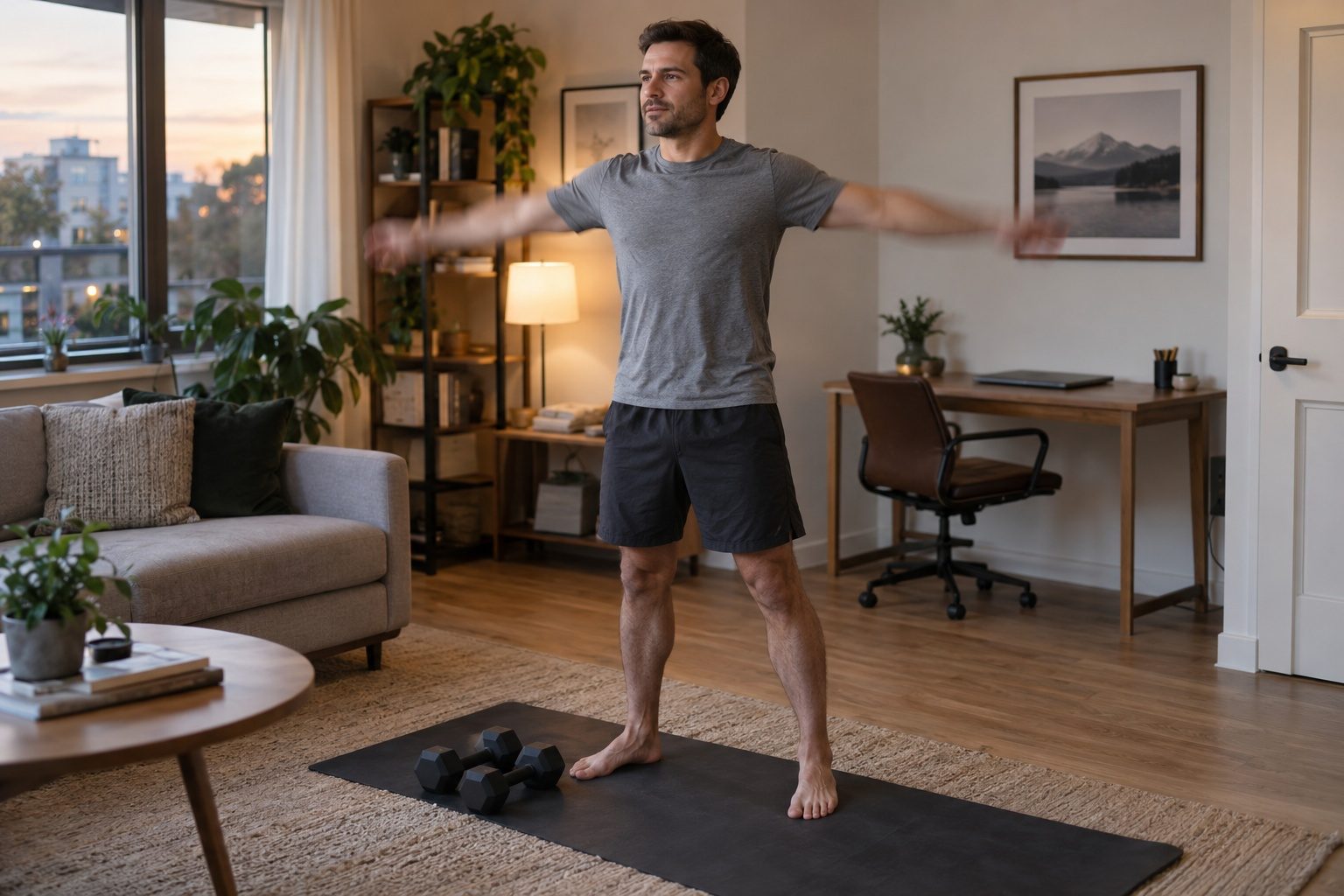 A man doing arm circles on a mat in his living room in the evening, with dumbbells beside him and a desk behind him