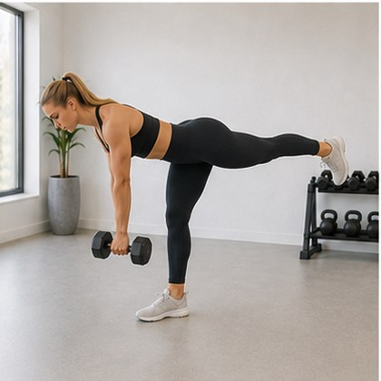 Grid of app library photos: a man and a woman performing a single-leg dumbbell Romanian deadlift — Single-leg, women’s set