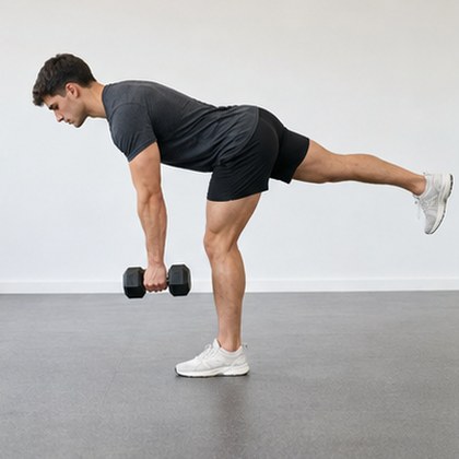 Grid of app library photos: a man and a woman performing a single-leg dumbbell Romanian deadlift — Single-leg, men’s set