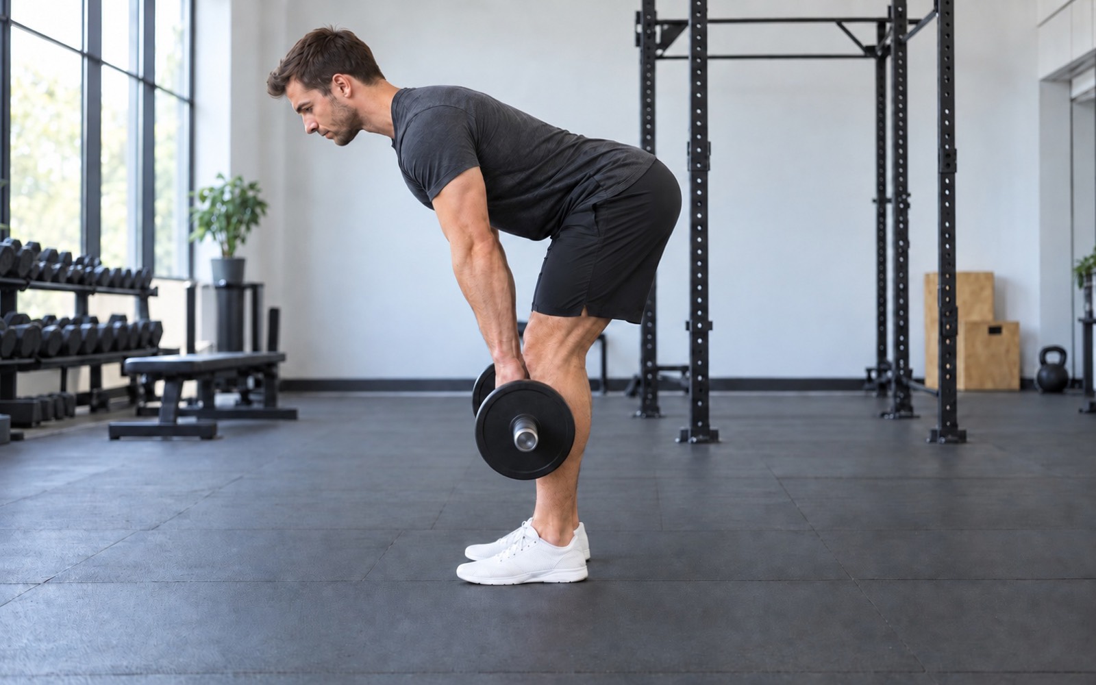 Man at the bottom of a barbell Romanian deadlift, side view, knees bent at roughly 15 degrees