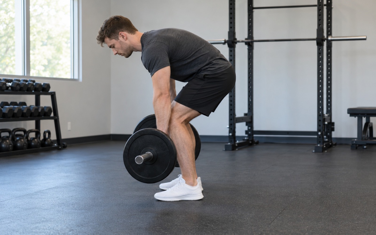 Man doing a Romanian deadlift with a mistake: rounded lower back, bar drifting away from the legs