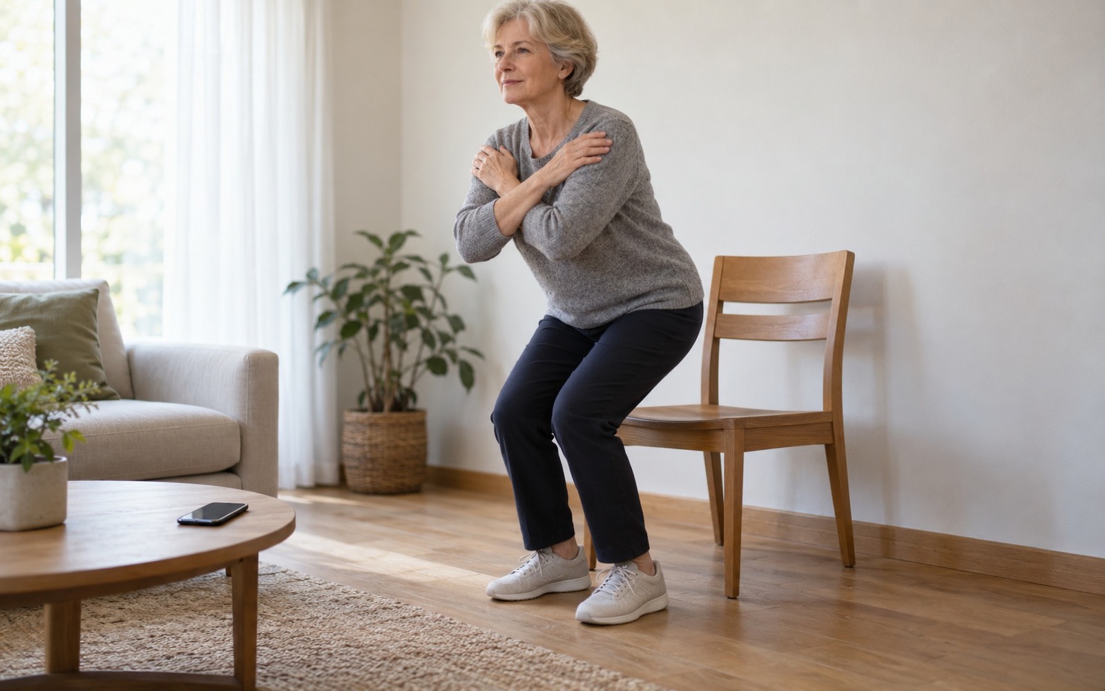 A woman in her early sixties rises from a chair without using her hands, arms crossed over her chest, a phone on the table nearby
