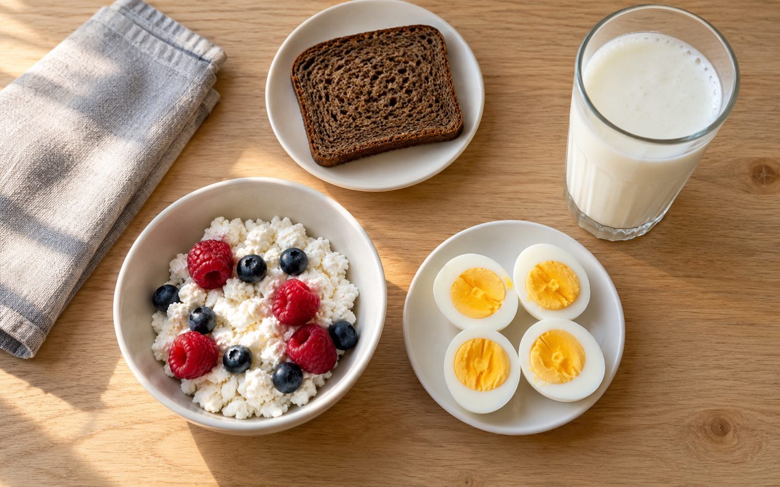 Overhead view of a breakfast: cottage cheese with berries in a bowl, two eggs on a saucer, a slice of rye bread and a glass of kefir