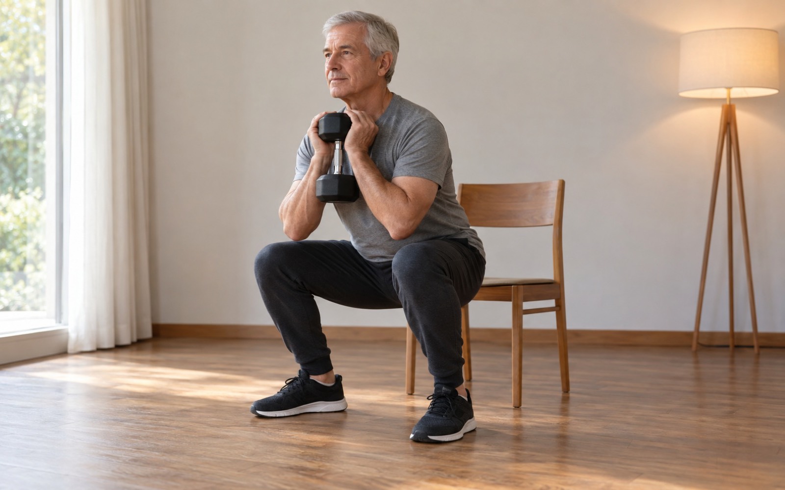 A man in his sixties does a goblet-style squat toward a chair, holding a dumbbell at his chest in a bright living room