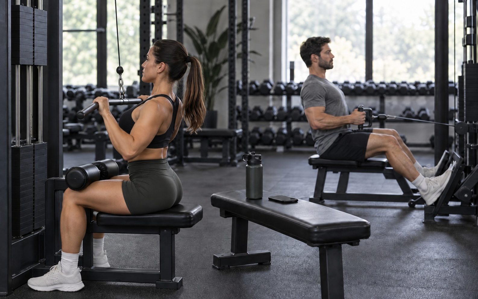 A bright gym: a woman seated facing the machine pulls the lat pulldown bar to her upper chest and, farther back, a man does a seated cable row, with a phone and a water bottle on a bench between them