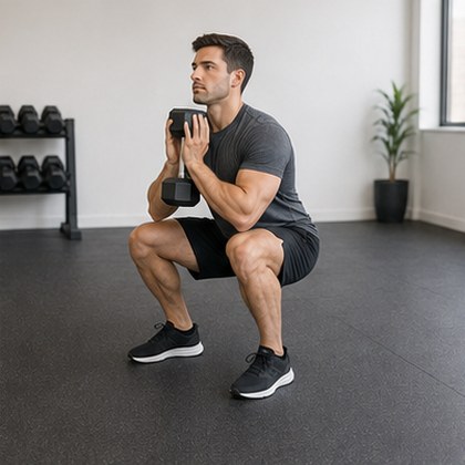 A man at the bottom of a goblet squat, heels on the floor
