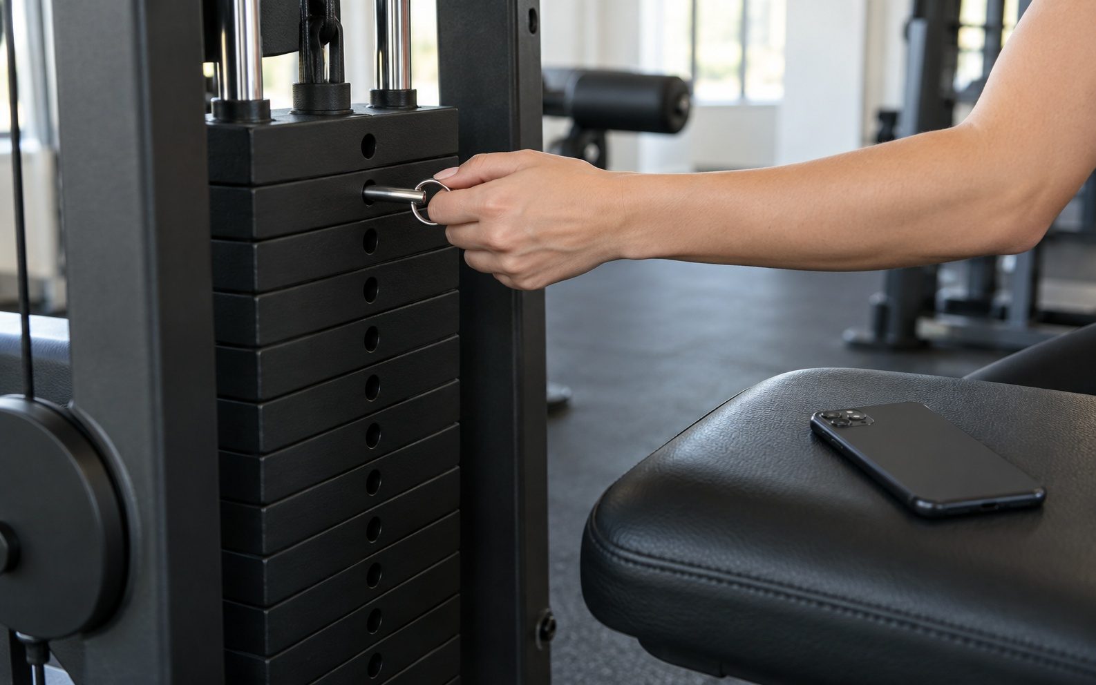 Close-up of a hand sliding the selector pin into one of the top, lightest plates of a weight stack, with a phone on the seat