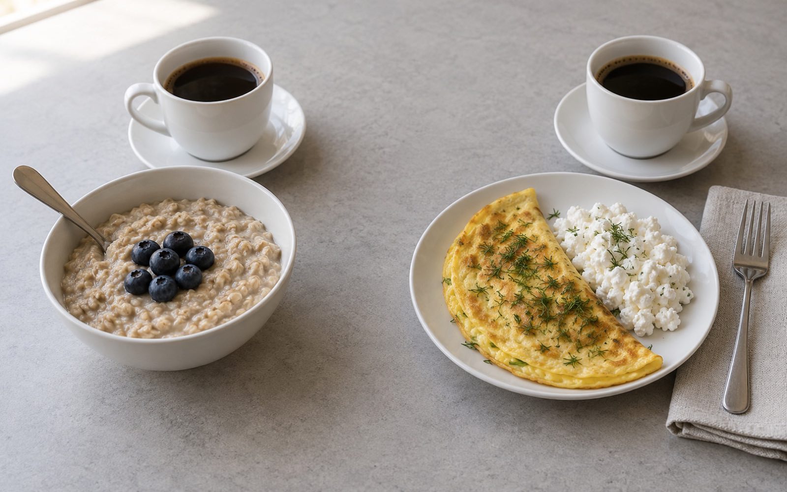 Two breakfasts side by side: oatmeal with blueberries and coffee on the left, a three-egg omelet with farmer's cheese and coffee on the right
