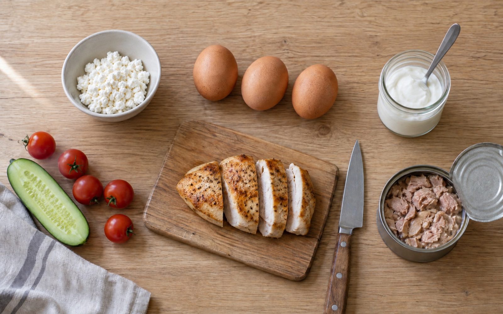 A day's worth of protein foods on a light wooden table: a bowl of farmer's cheese, three eggs, sliced chicken breast, Greek yogurt in a jar and an open can of tuna
