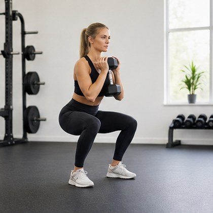 A woman doing a goblet squat with a dumbbell at her chest