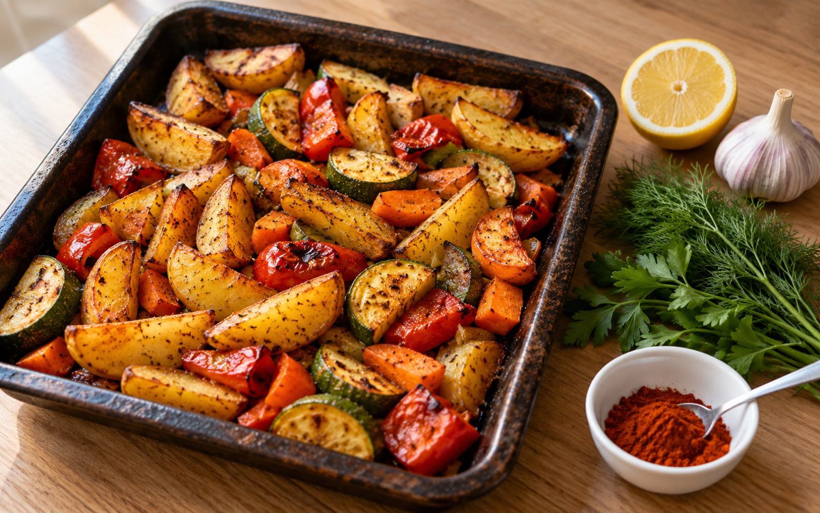 A tray of roasted vegetables and potatoes with a lemon, garlic, fresh herbs and a bowl of smoked paprika beside it