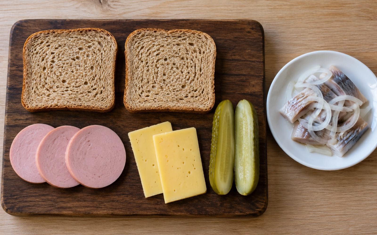 Overhead view of a board with bread, boiled sausage, cheese and a pickled cucumber, with a plate of herring and onion beside it