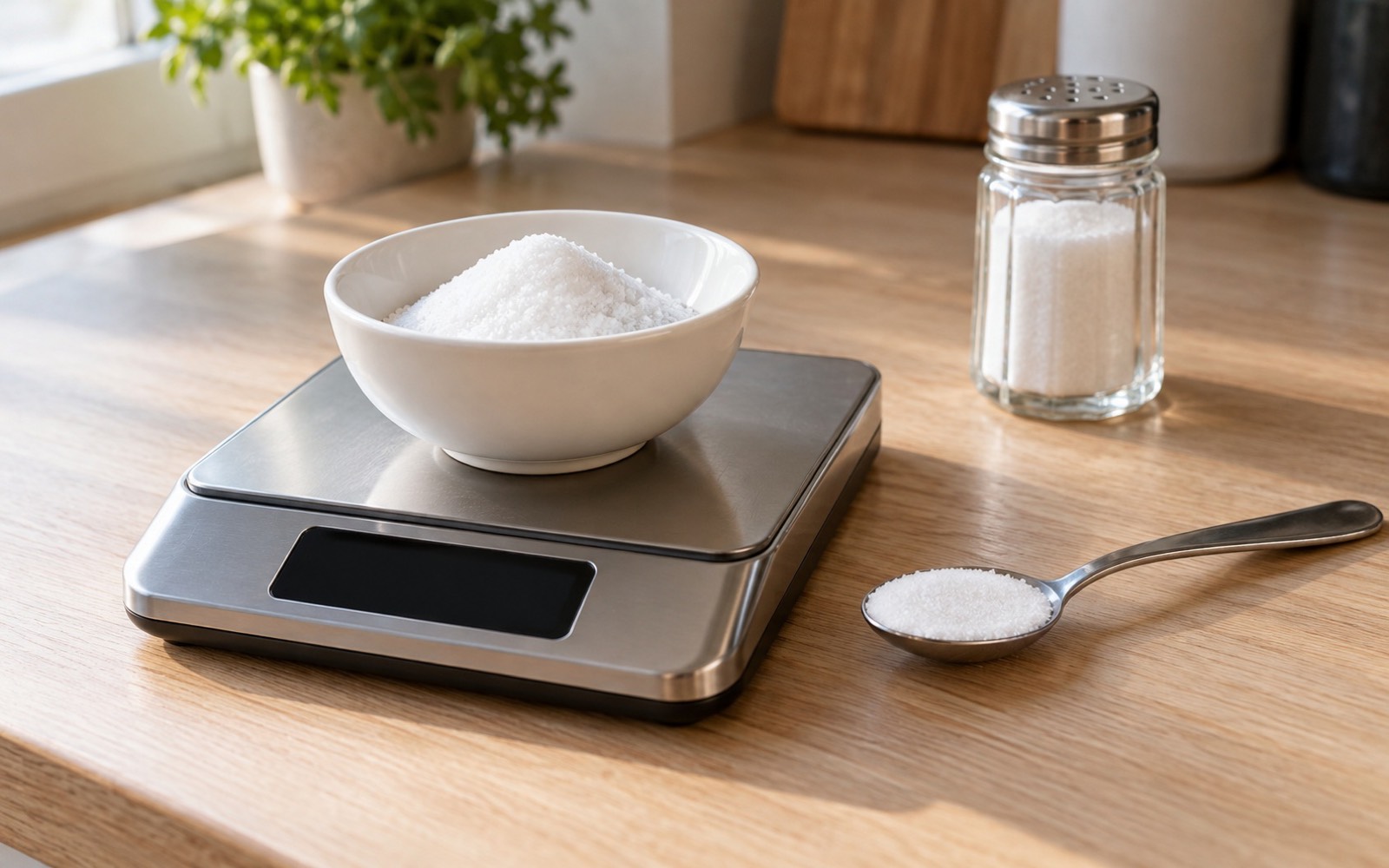 A kitchen scale with a bowl of salt, a level teaspoon of salt beside it and a glass salt shaker