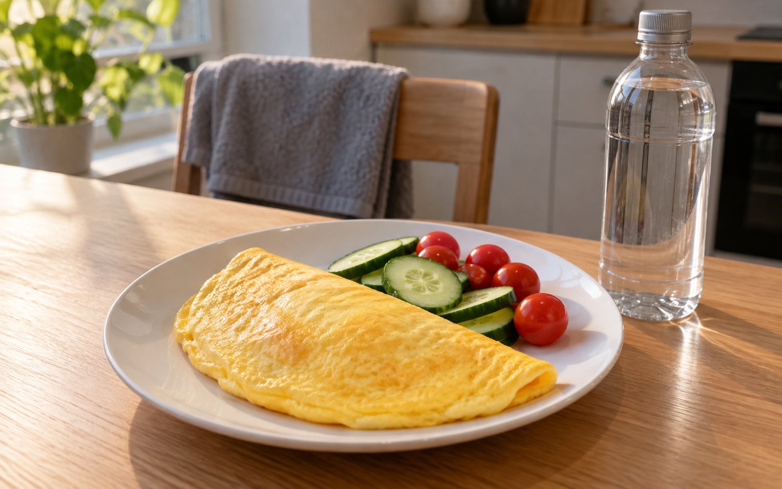 A four-egg omelet on a plate with cucumber and tomatoes, a water bottle beside it and a towel on the chair behind