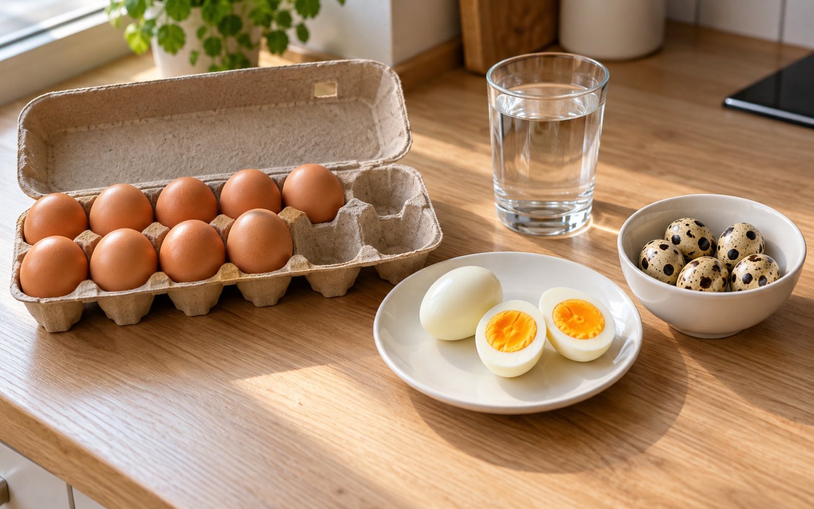A ten-egg carton with two eggs taken out, one cut in half, next to a bowl of quail eggs and a glass of water
