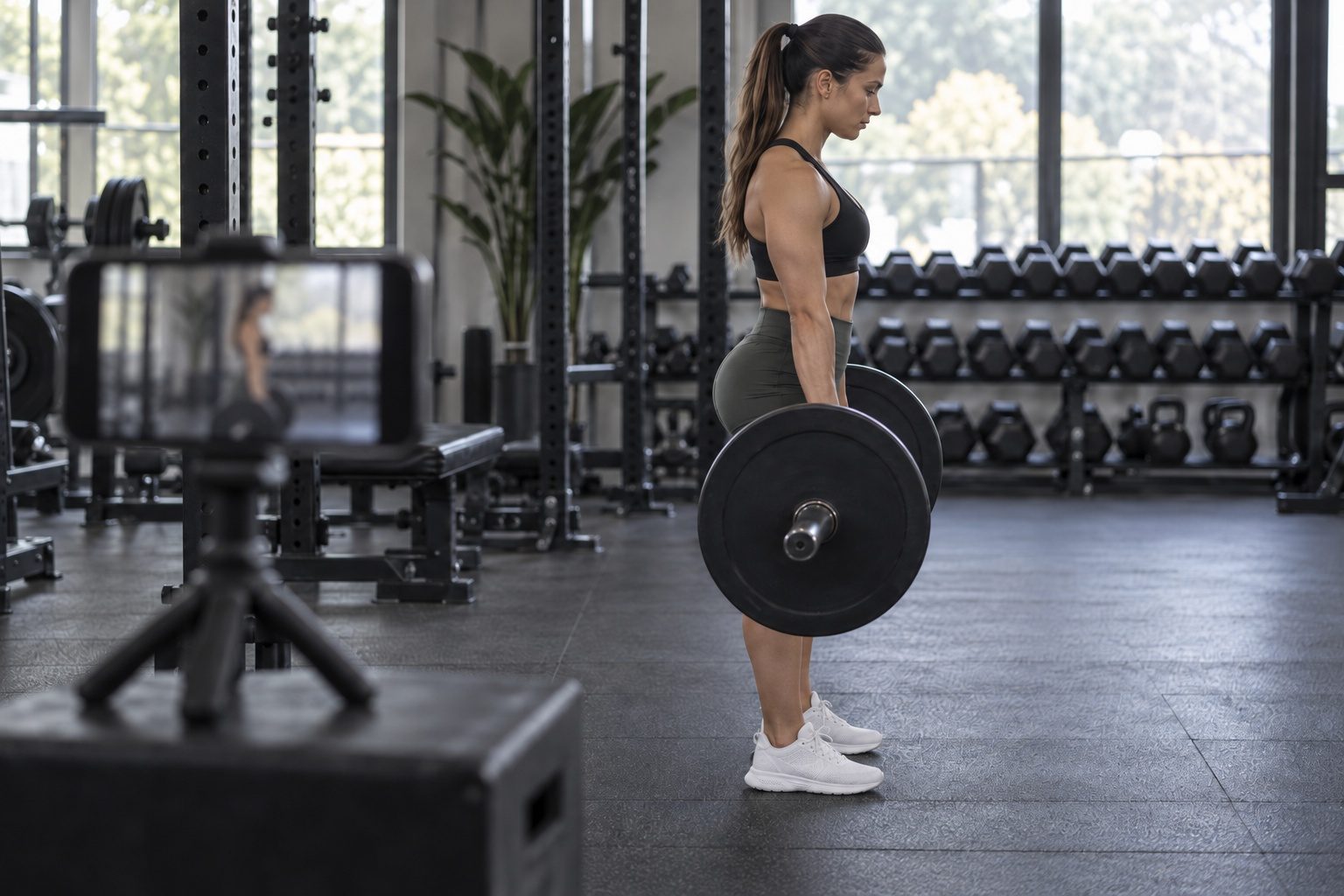 A phone on a mini tripod on a plyo box films a woman from the side as she stands at the top of a deadlift