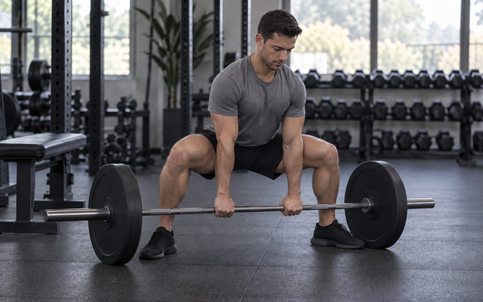 A man in the sumo deadlift starting position: wide stance, toes turned out, knees in line with his toes, hands inside his legs