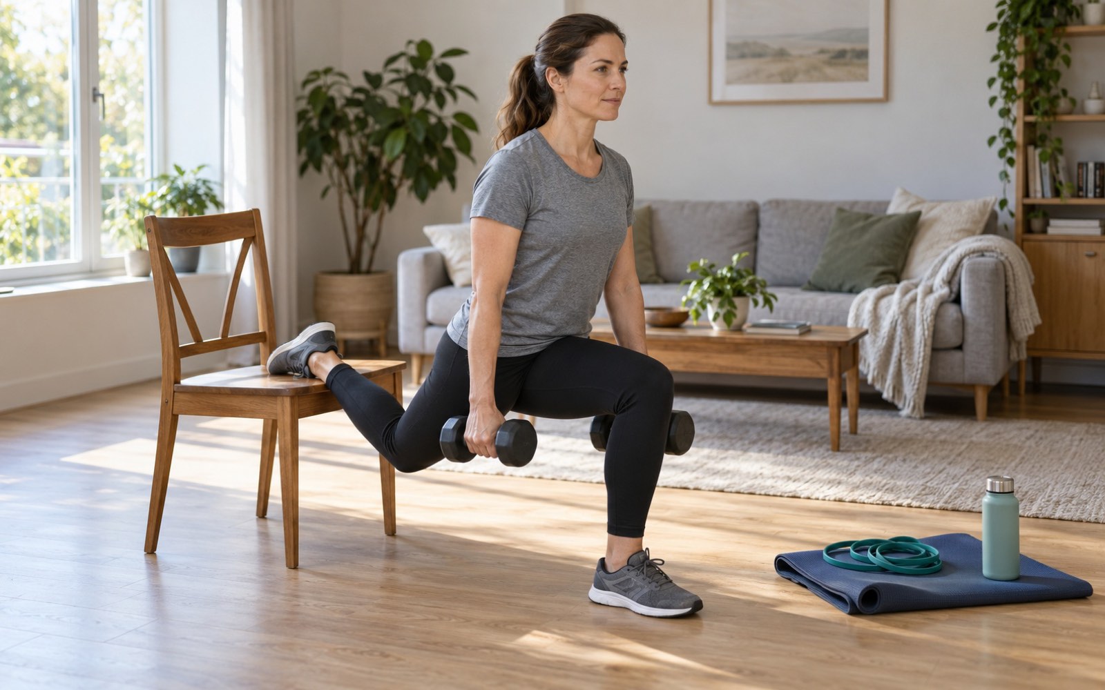 A woman in her early forties at home doing a Bulgarian split squat with dumbbells, rear foot on a chair