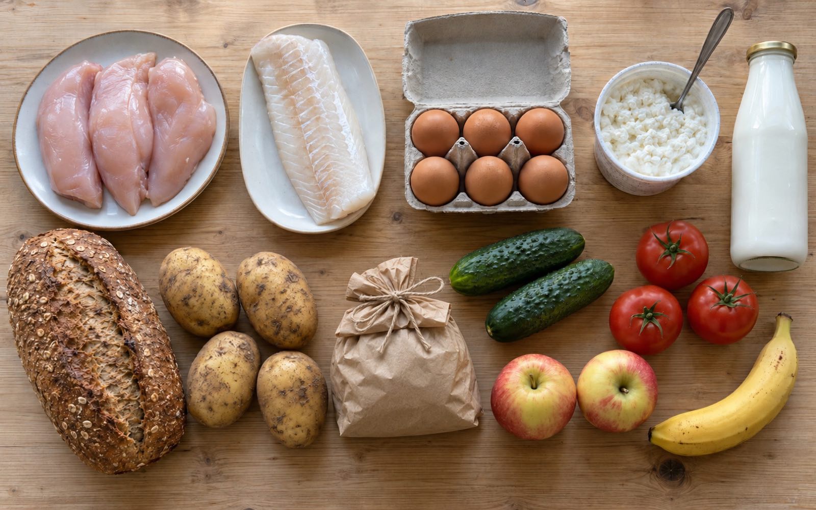 Groceries for a cutting diet laid out on a kitchen table: chicken, cottage cheese, eggs, potatoes, vegetables and fruit