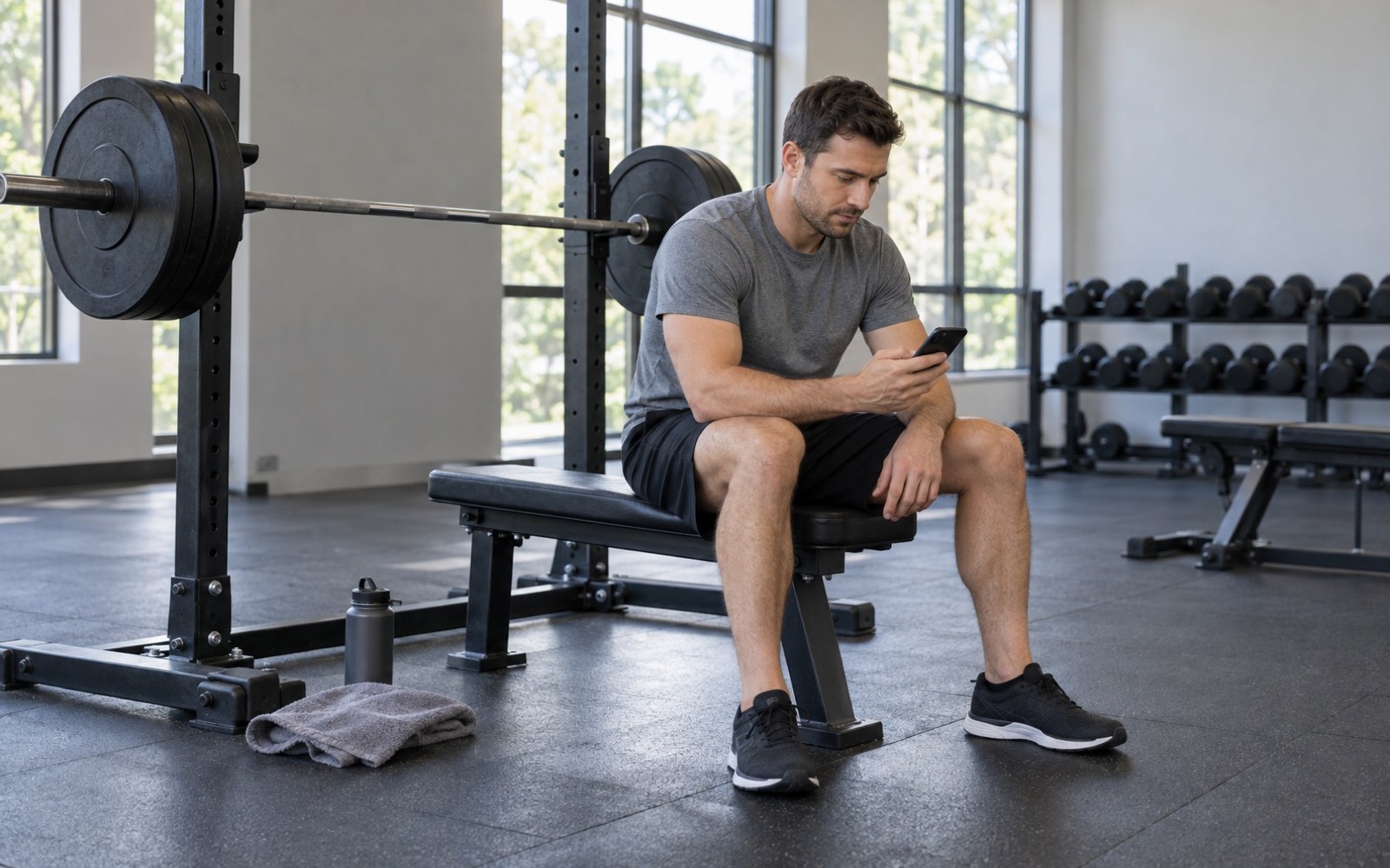 A man in his mid-thirties in a gym sitting by a barbell rack looking at his phone, resting between sets