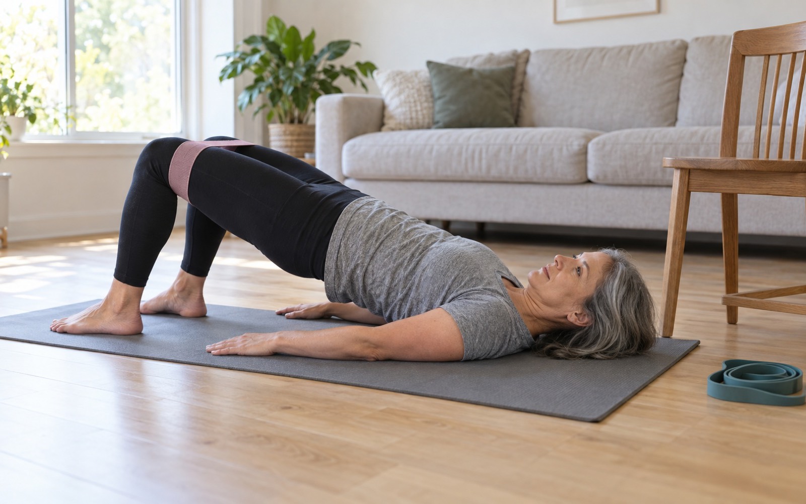 A woman in her late forties doing a glute bridge with a mini band above her knees on a home mat, a chair nearby