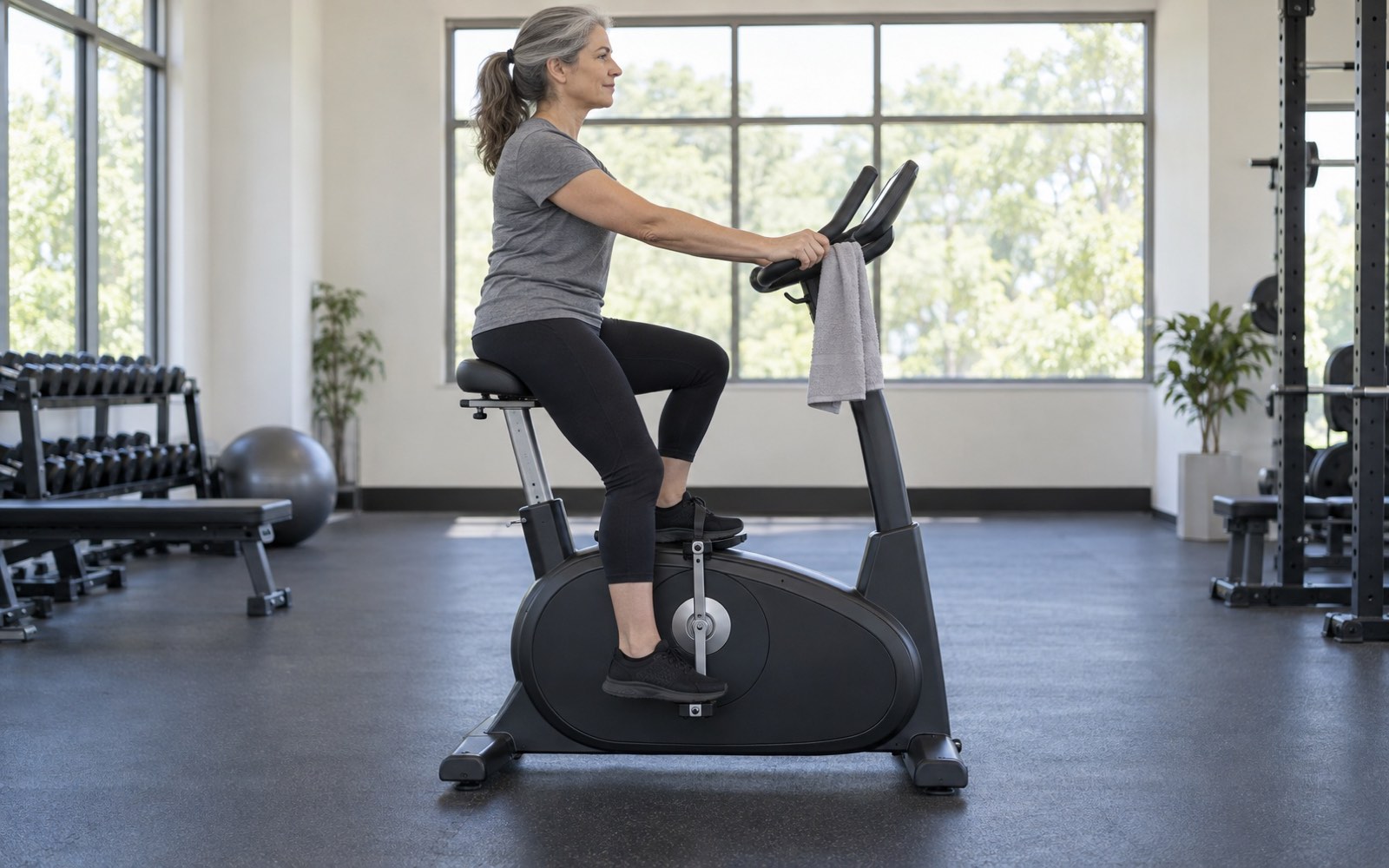 A woman around 50 pedaling a stationary bike at an easy pace to warm up in a gym