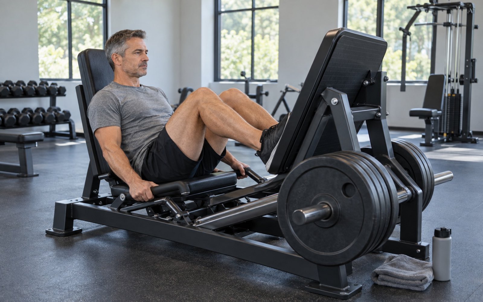 A man in his mid-forties with grey temples doing a leg press in a gym, calm expression