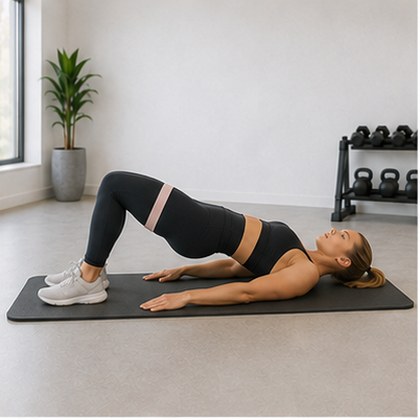 A woman doing a glute bridge with a mini band above her knees