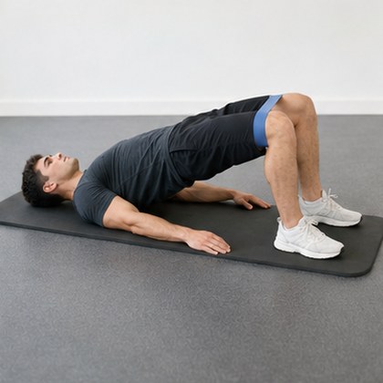 A man doing a glute bridge with a mini band above his knees