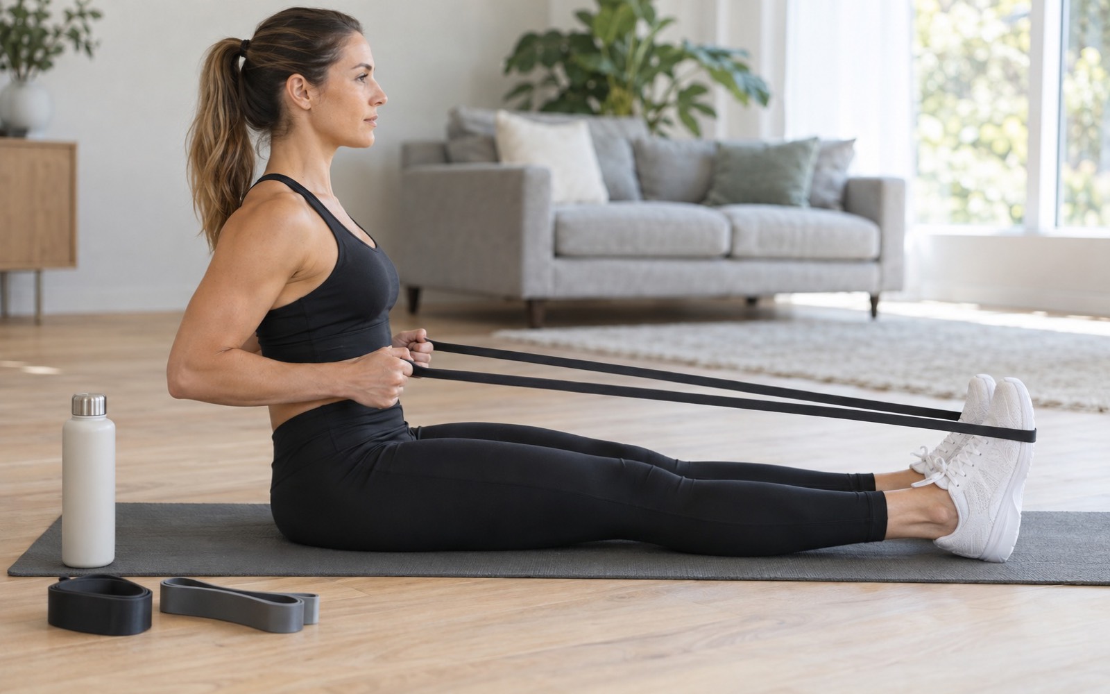 Woman sitting on a mat at home with straight legs, pulling a long resistance band looped around her feet toward her waist