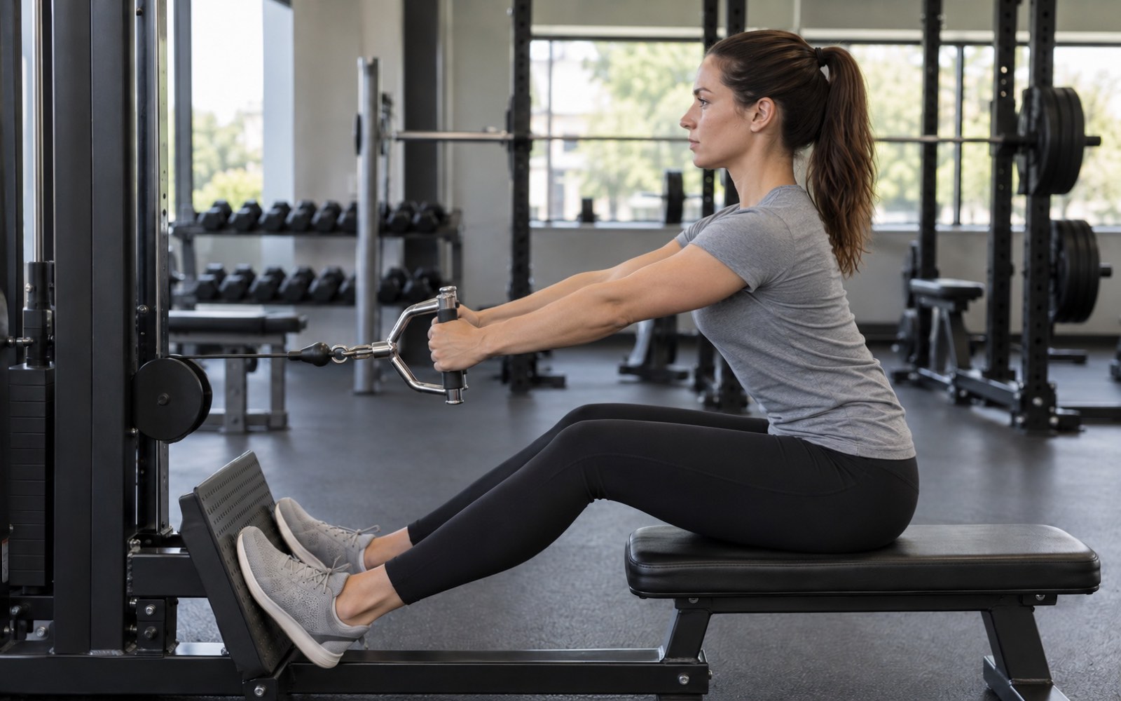 Stretch position in the seated cable row: torso leaned forward 10–15°, lower back not rounded.