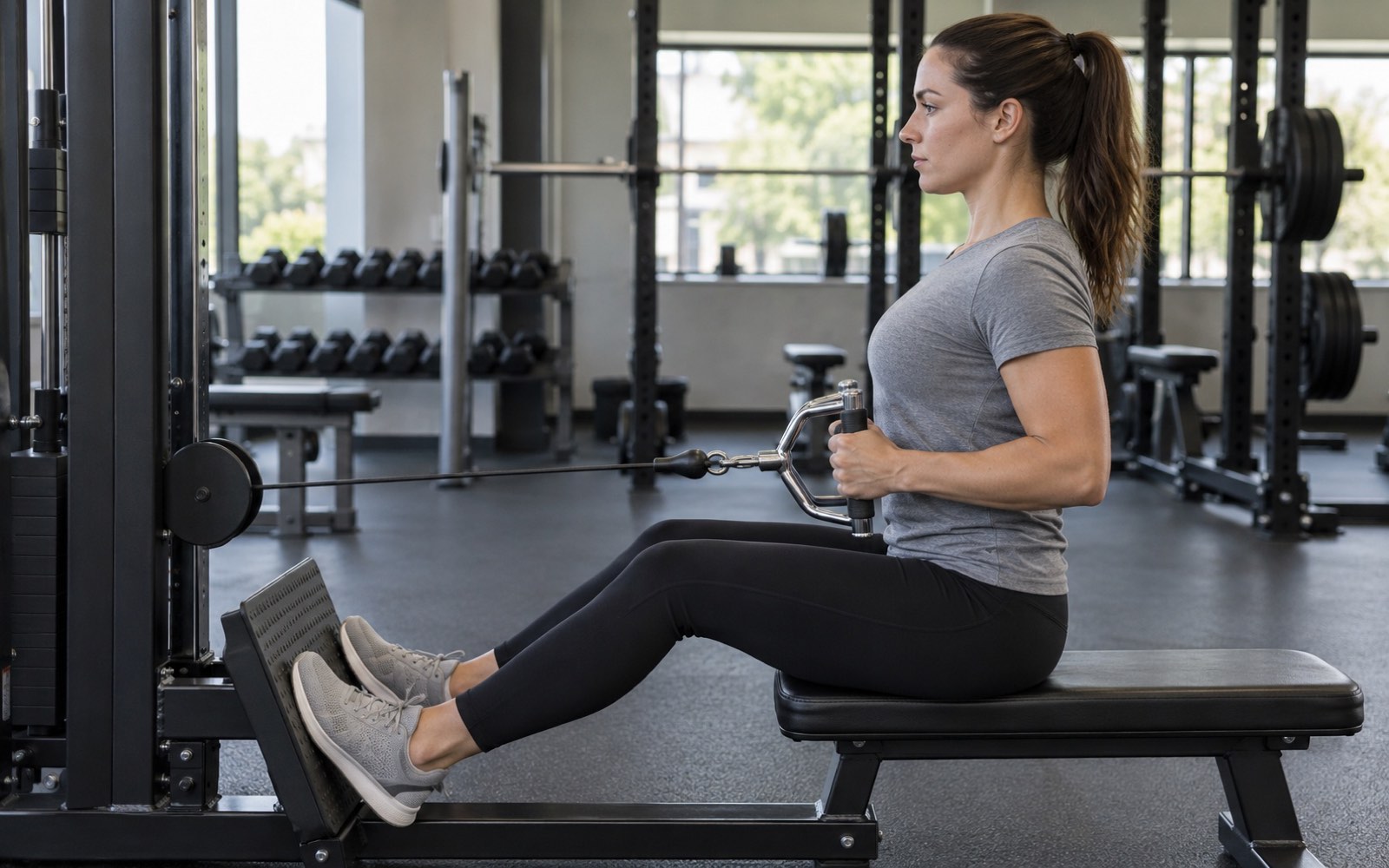 A woman performing a seated cable row with the handle at her stomach, elbows along her torso.