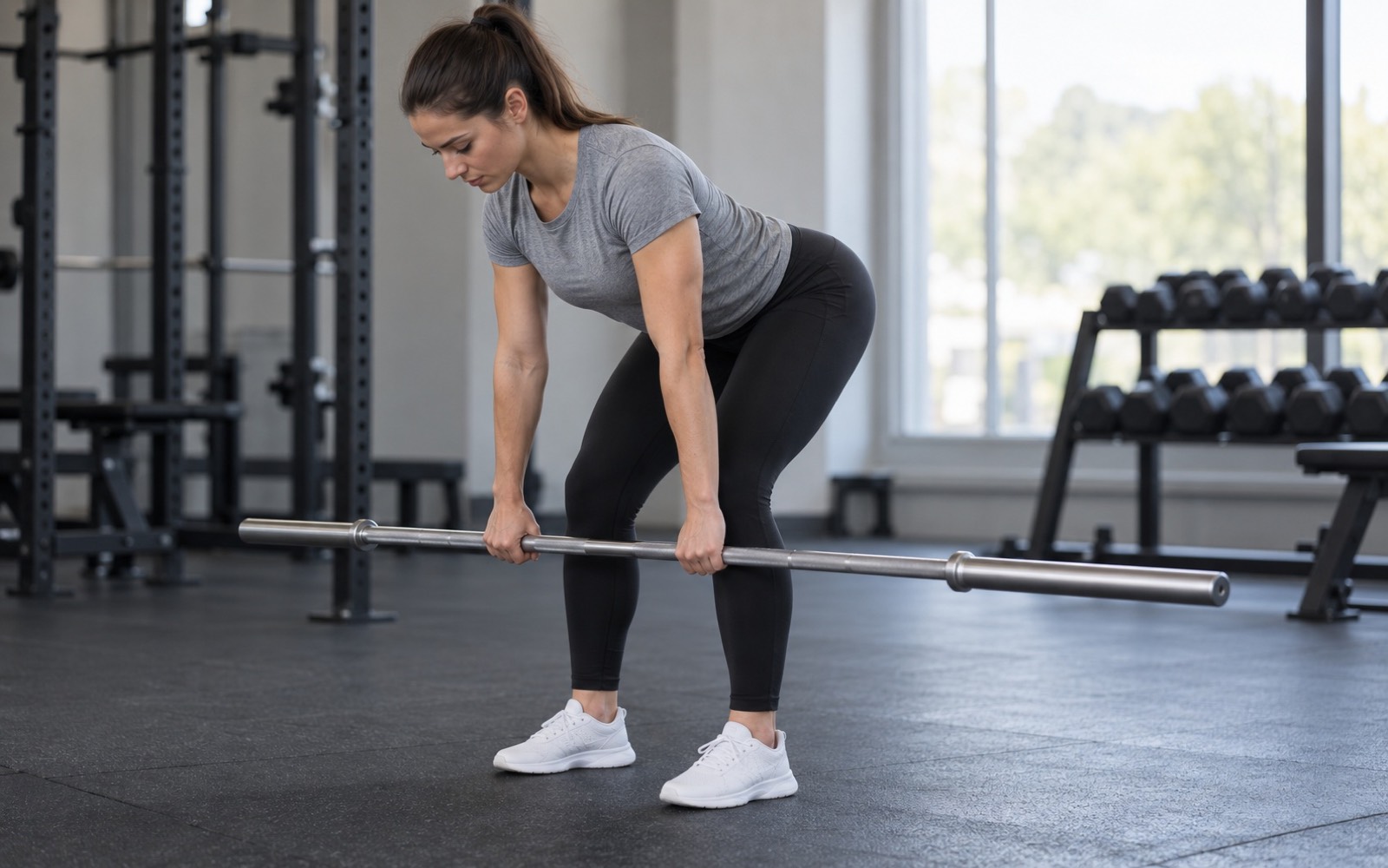 A woman at the bottom of a bent-over barbell row, arms straight, bar level with her knees.