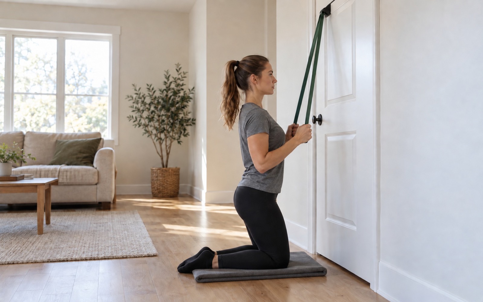 Woman kneeling, pulling a resistance band anchored at the top of a door down to her upper chest