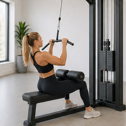 Grid of app library photos: a wide straight bar and a narrow V-handle for the lat pulldown — Close grip