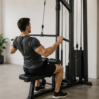 Grid of app library photos: a wide straight bar and a narrow V-handle for the lat pulldown — Wide grip