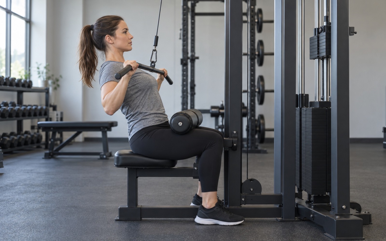 Woman pulling a cable machine bar down to her upper chest, side view, bottom position