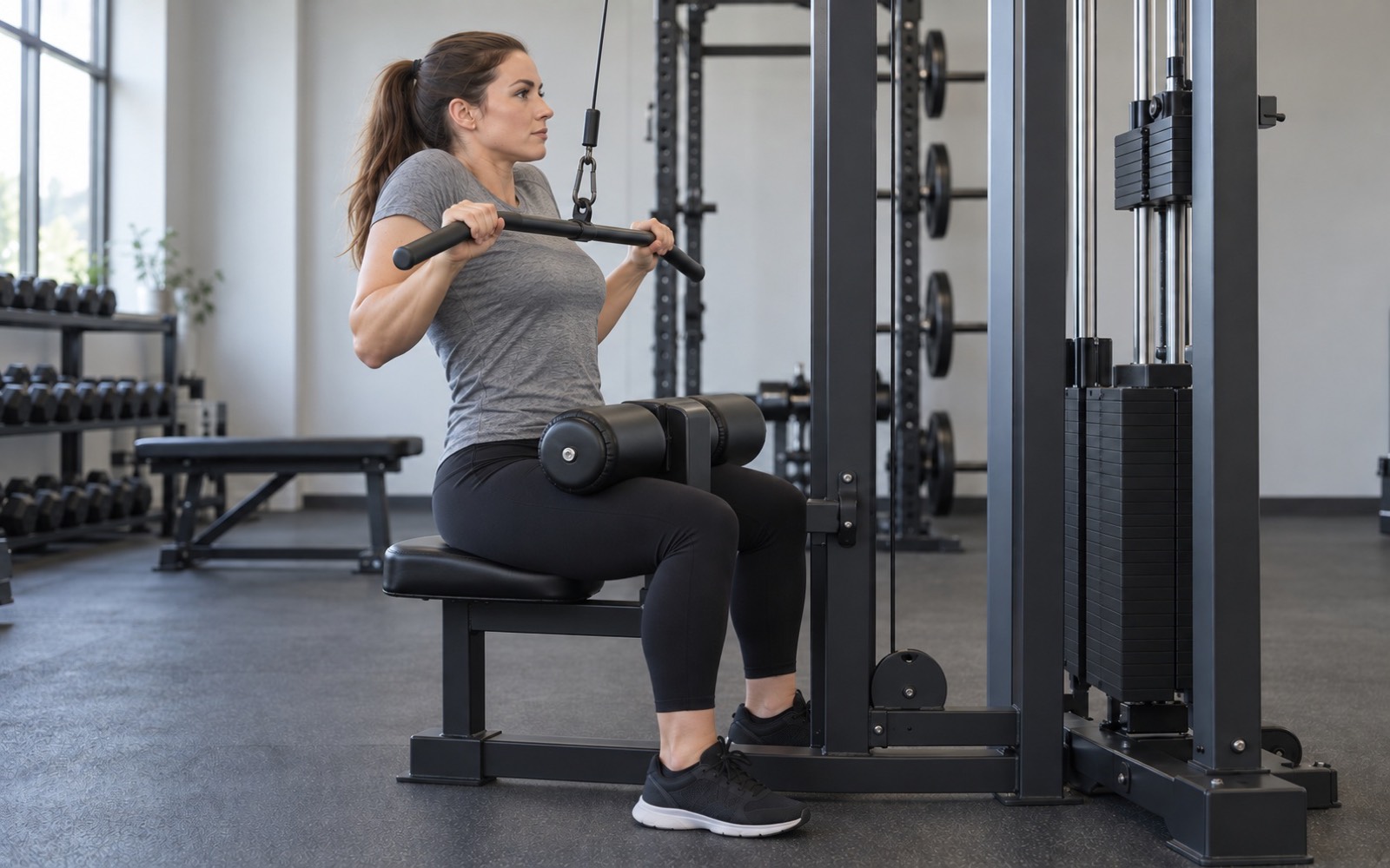 Woman on the pulldown machine with shoulders hunched up to her ears and head pushed forward — a common lat pulldown mistake