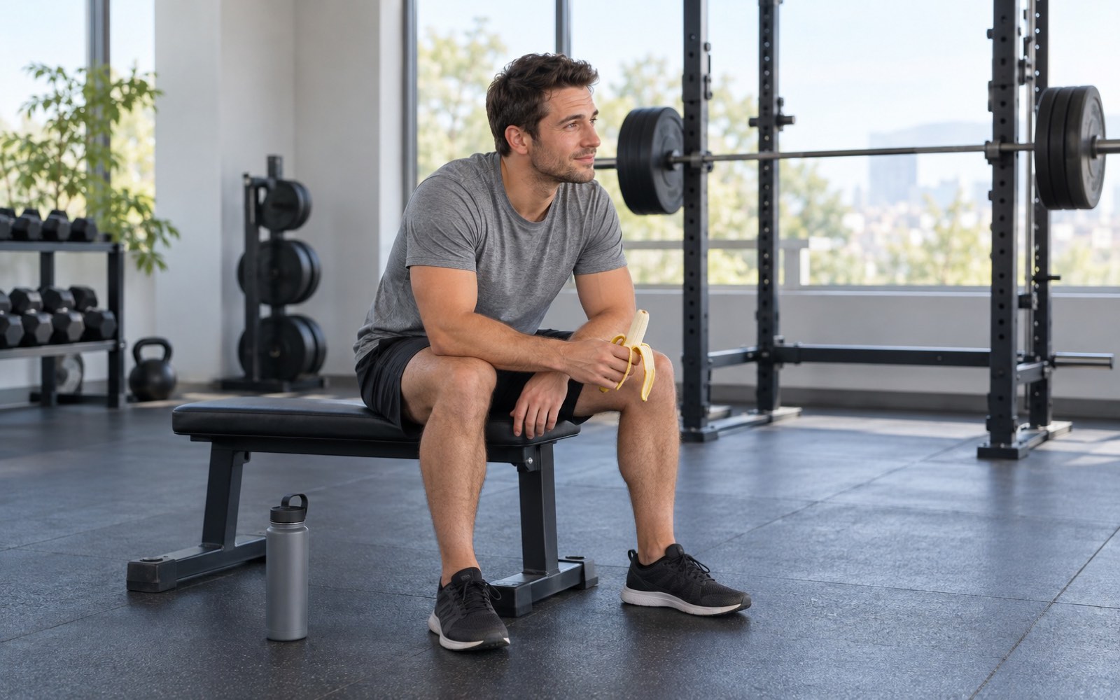 A man in his early thirties sitting on a gym bench between sets holding a banana, calm expression