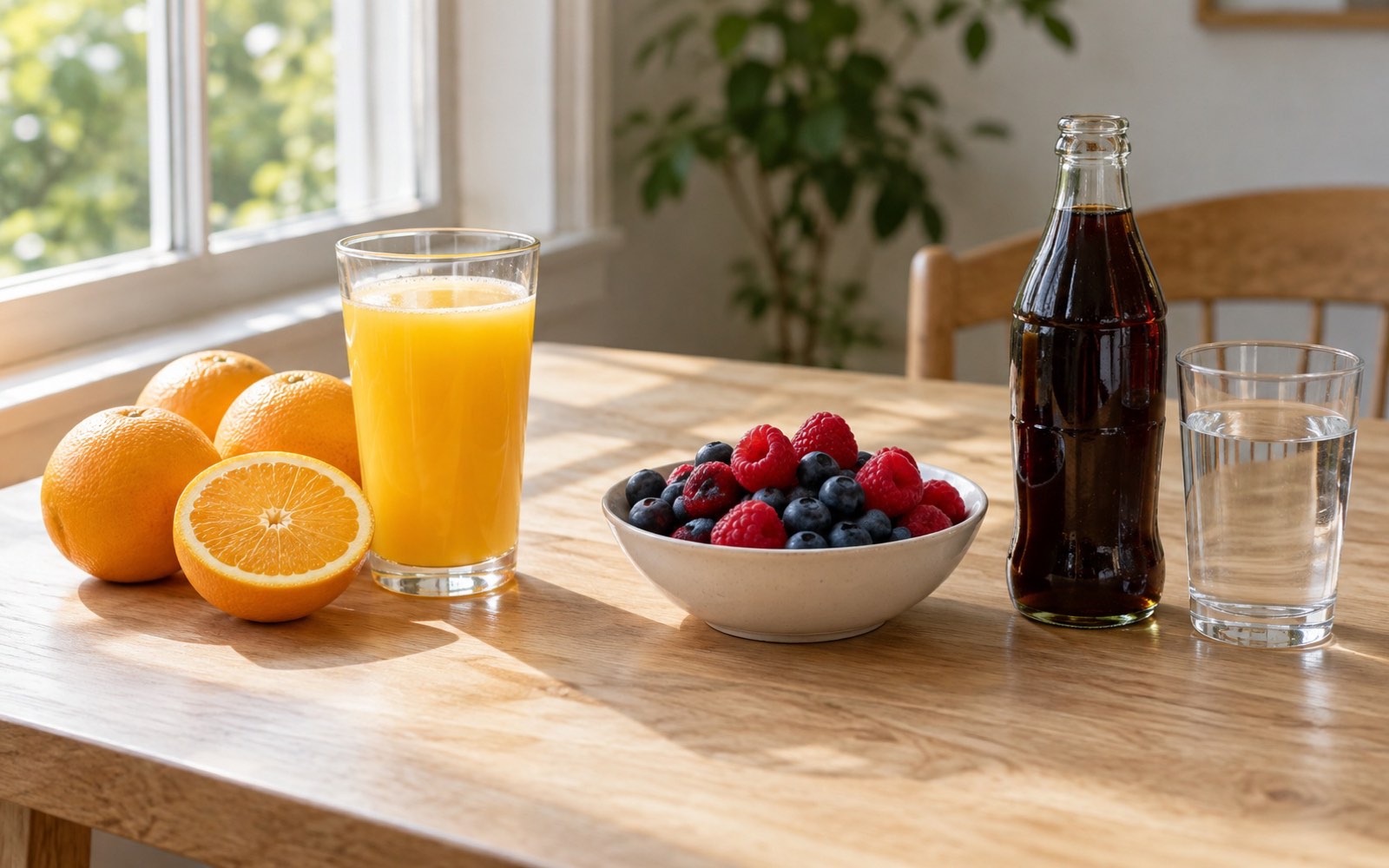 Oranges and a glass of juice on one side of the table, a dark soda bottle and a glass of water on the other, a bowl of berries between them
