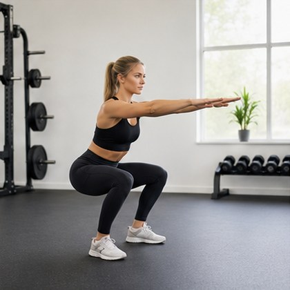 A woman doing a bodyweight squat with her arms out front